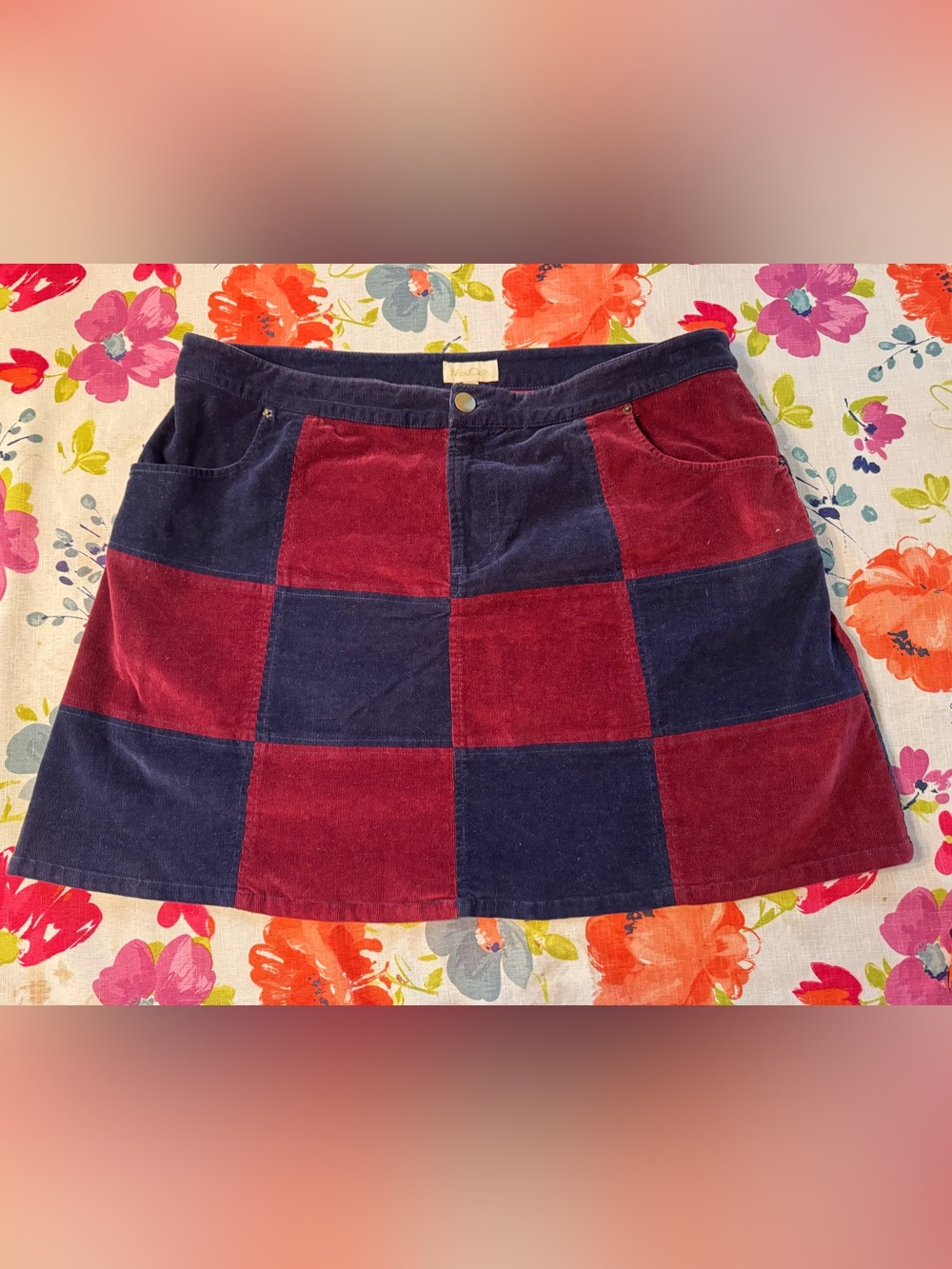 ModCloth Patchwork Corduroy Mini Skirt Burgundy Navy Colorblock XL Retro C3 - Picture 4 of 10